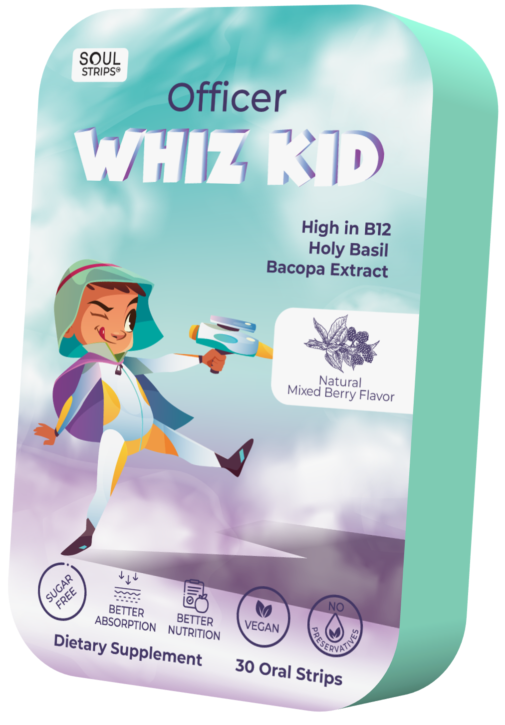 Soul Strips Kids Officer Whiz Kid Vegano Sem Açúcar Sabor Frutas Vermelhas 30 Tiras