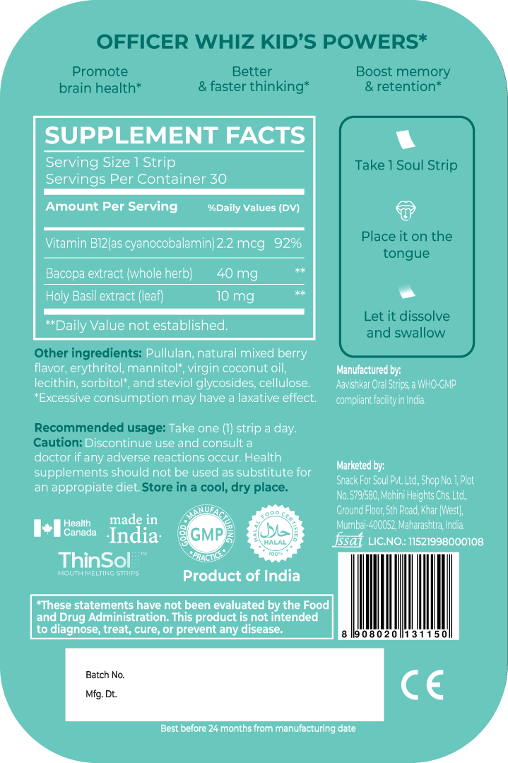 Soul Strips Kids Officer Whiz Kid Vegano Sem Açúcar Sabor Frutas Vermelhas 30 Tiras