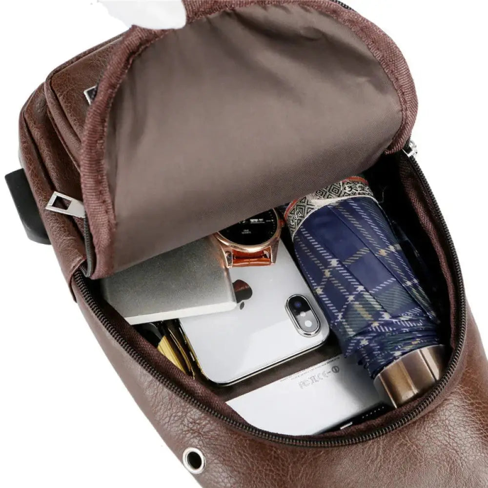 Brown Faux Leather Usb Charging Chest Messenger Bag