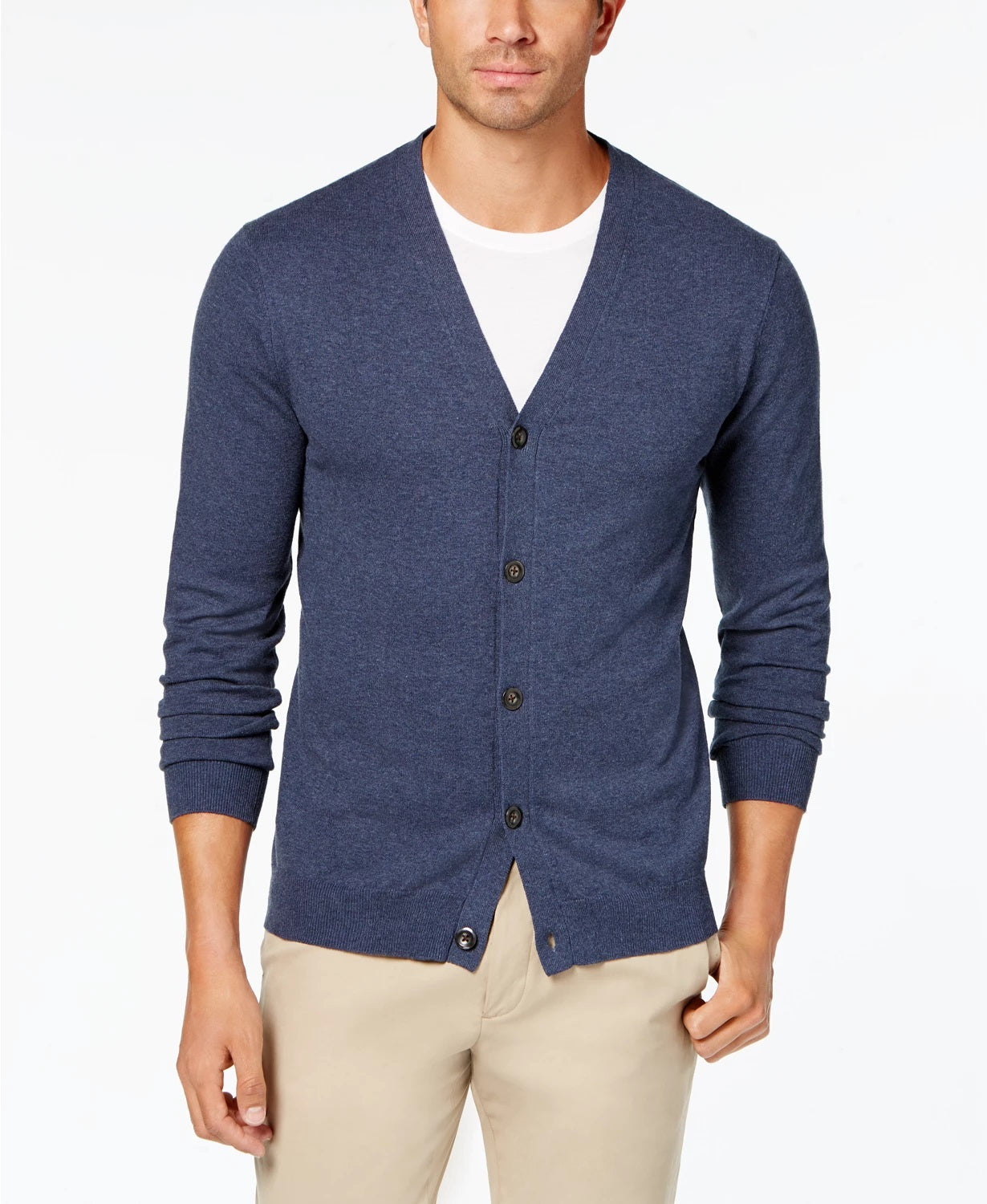 Cardigan masculino de malha com decote em V, azul, tamanho médio