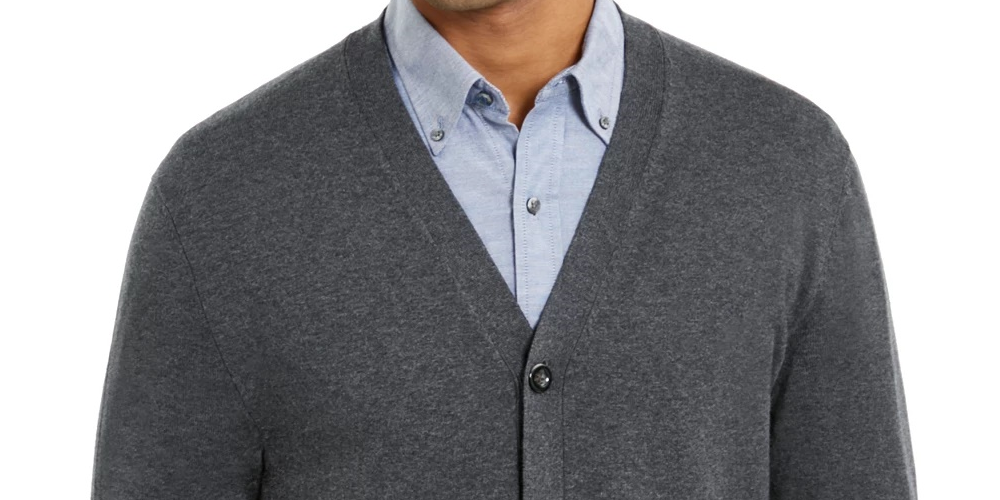 Cardigan masculino de malha com decote em V, cinza, tamanho pequeno