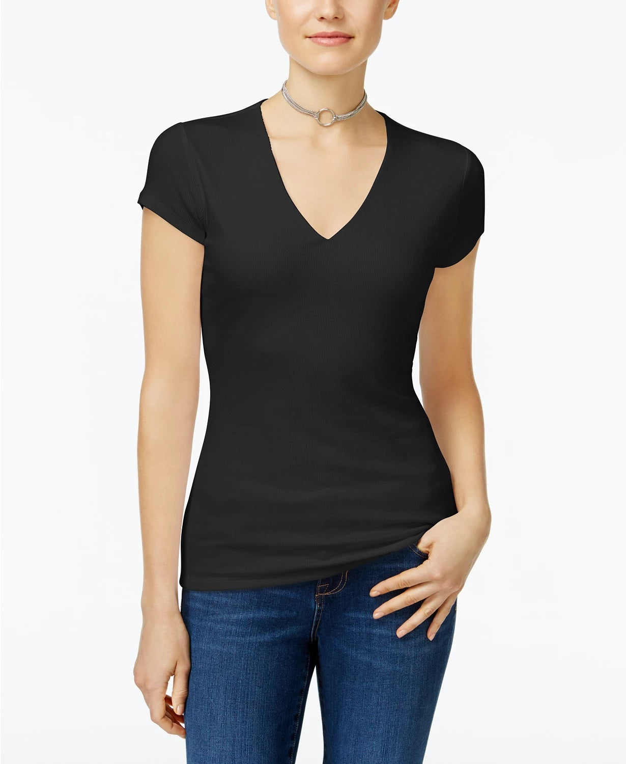 INC International Concepts Top feminino canelado com decote em V, preto, tamanho pequeno médio