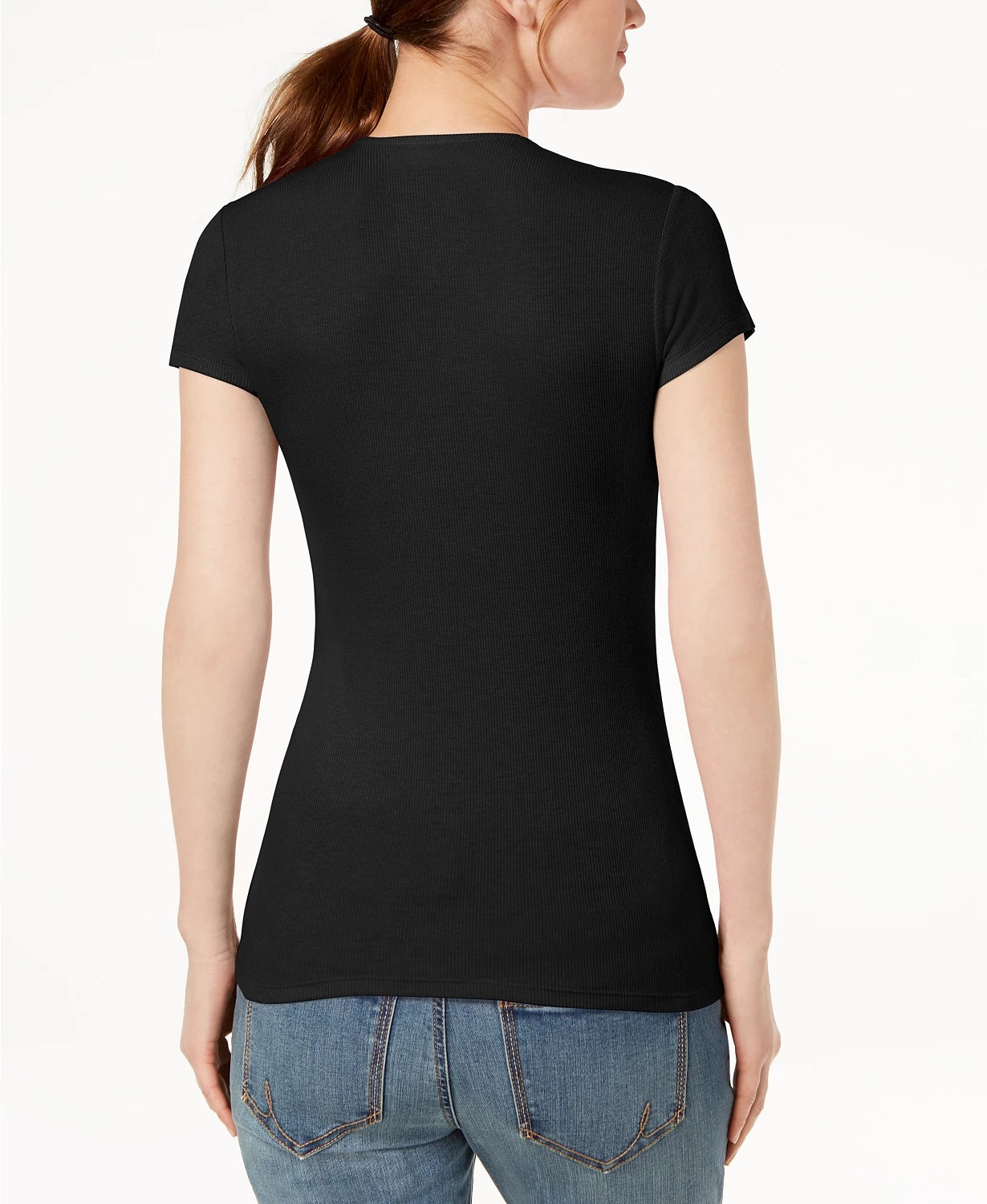INC International Concepts Top feminino canelado com decote em V, preto, tamanho pequeno médio