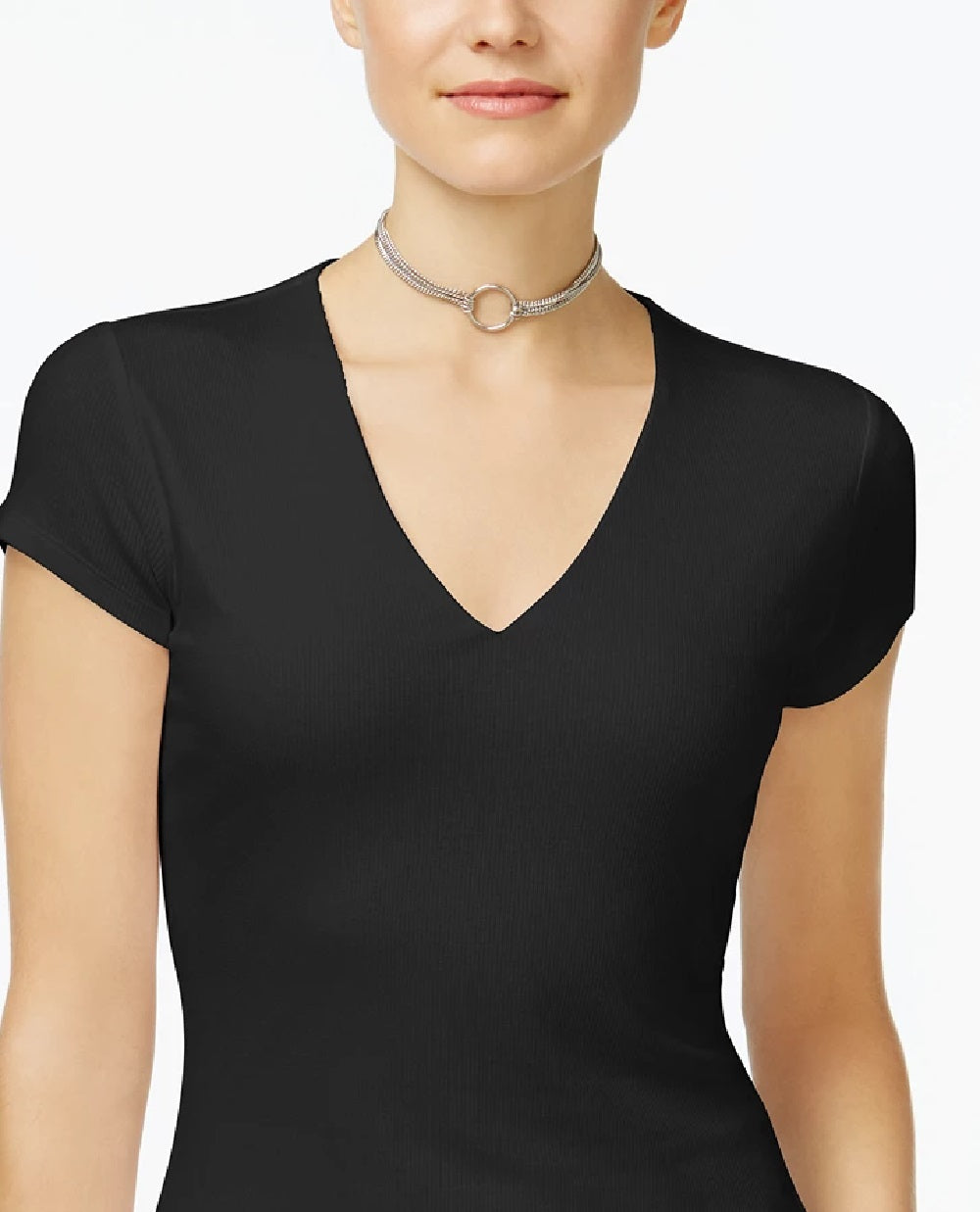 INC International Concepts Top feminino canelado com decote em V, preto, tamanho pequeno médio