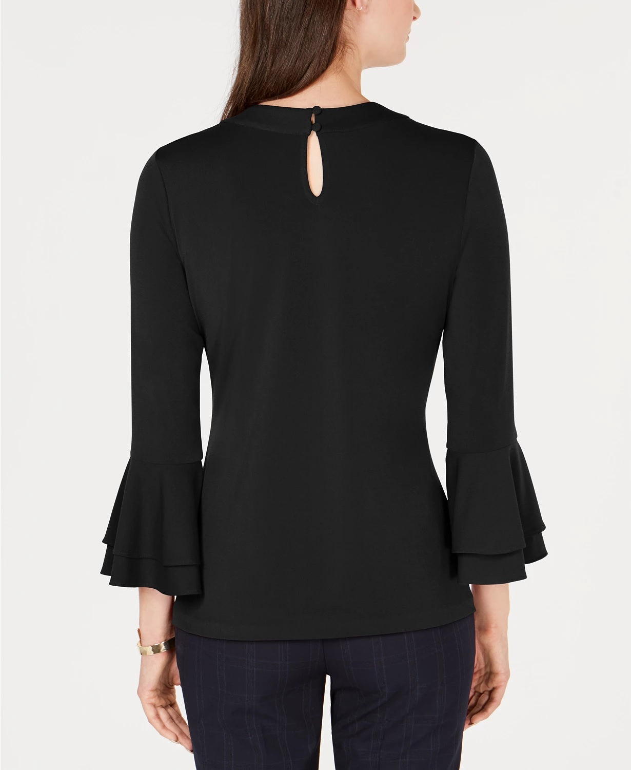 Blusa feminina Charter Club com manga sino e decote em V, preta, tamanho P