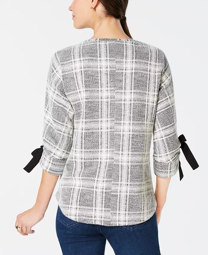 Blusa feminina xadrez com mangas curtas e laço Charter Club, preta, tamanho grande