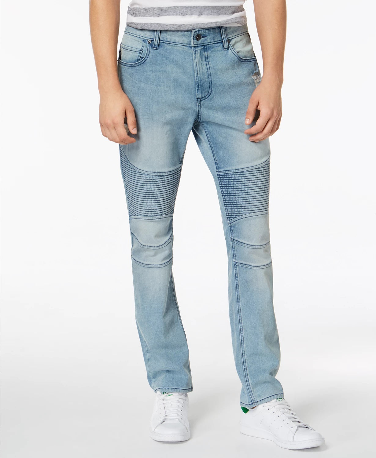 Calça jeans masculina American Rag Slim Fit Stretch Destroyed Moto Azul Tamanho 38X32