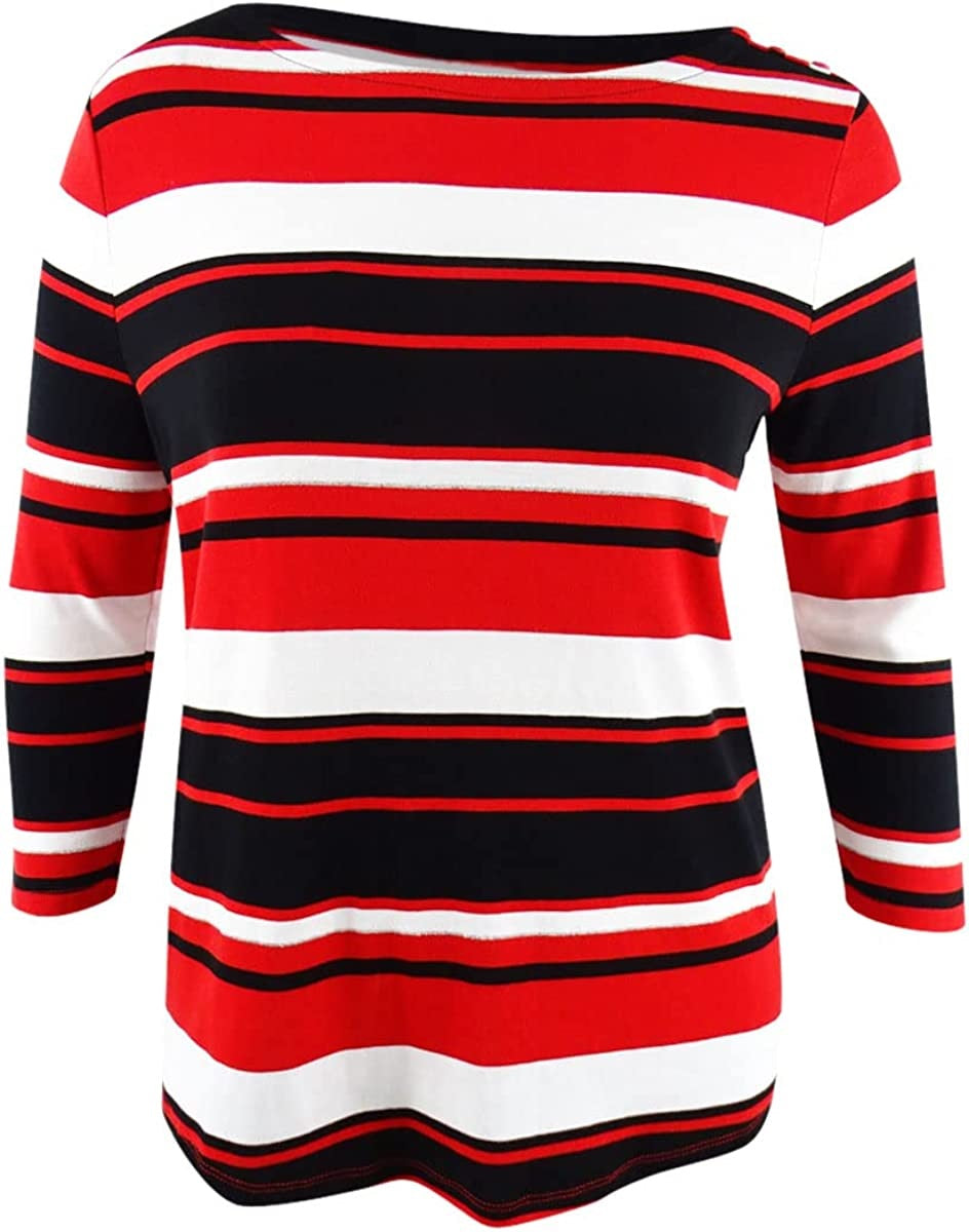 Charter Club Feminino Pima Algodão Botão Ombro Listrado Top Vermelho Multi Tamanho Pequeno
