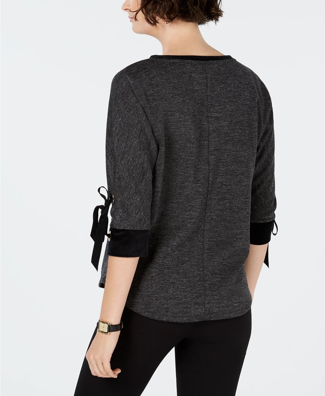 Charter Club Top feminino de algodão com acabamento em veludo e cadarço, preto, tamanho médio