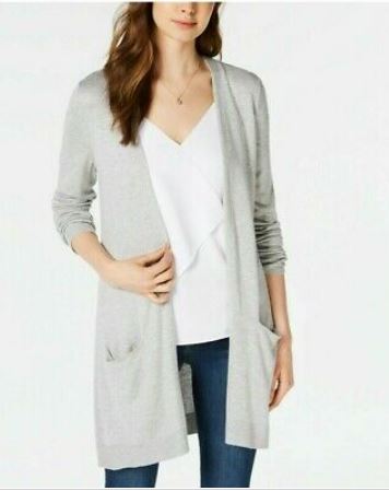 Cardigan longo de malha com frente aberta Maison Jules feminino, cinza, tamanho extragrande