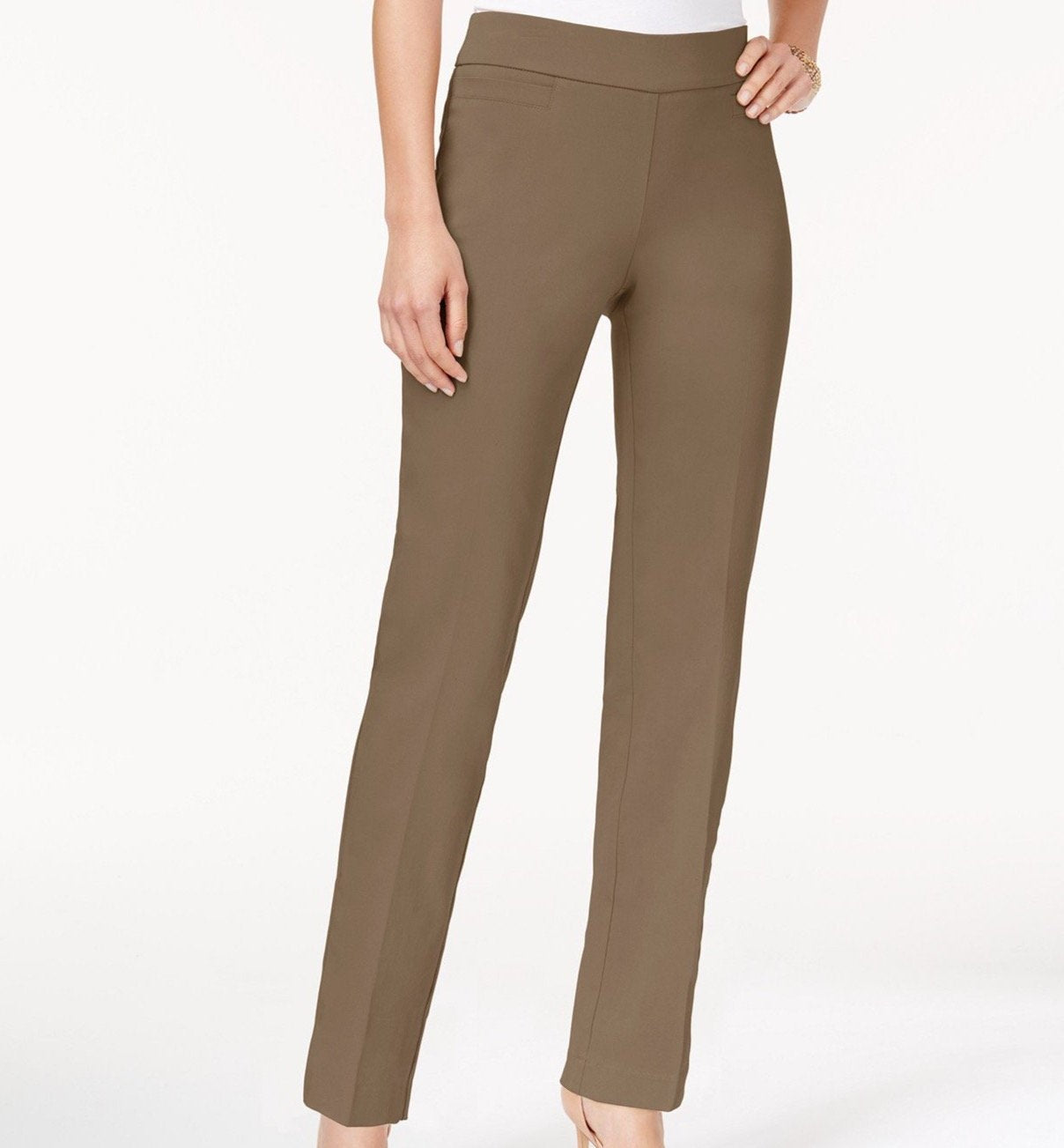 Calça feminina justa com controle de barriga e ajuste na cintura JM Collection, tamanho grande, marrom