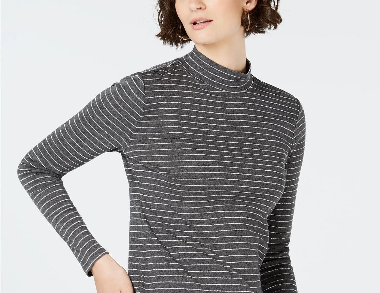 Camiseta feminina de algodão listrada com gola alta Charter Club, cinza escuro, tamanho GG