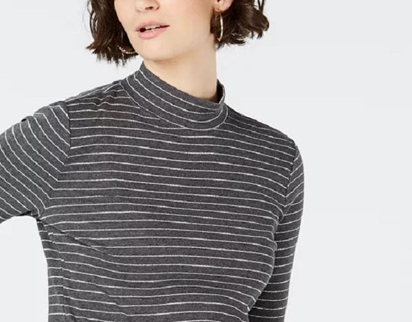 Camiseta feminina de algodão listrada com gola alta Charter Club, cinza escuro, tamanho XXG