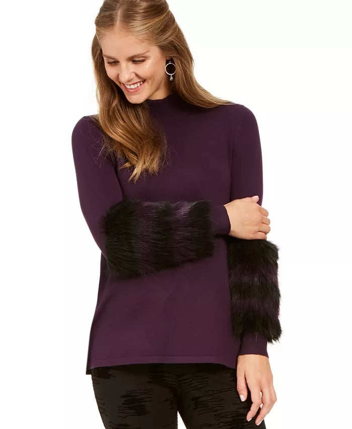 Alfani Suéter feminino pequeno com acabamento em pele sintética, roxo, tamanho pequeno
