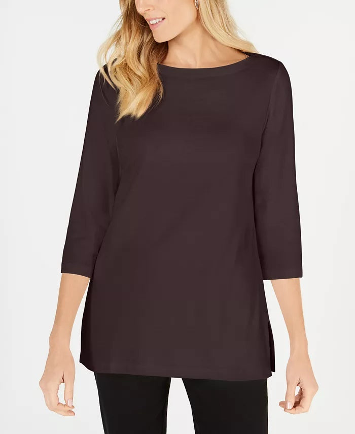 Karen Scott Blusa de malha feminina de algodão com gola canoa e manga 3/4, preta, tamanho médio