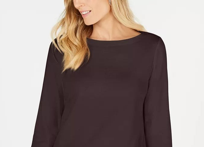 Karen Scott Blusa de malha feminina de algodão com gola canoa e manga 3/4, preta, tamanho médio