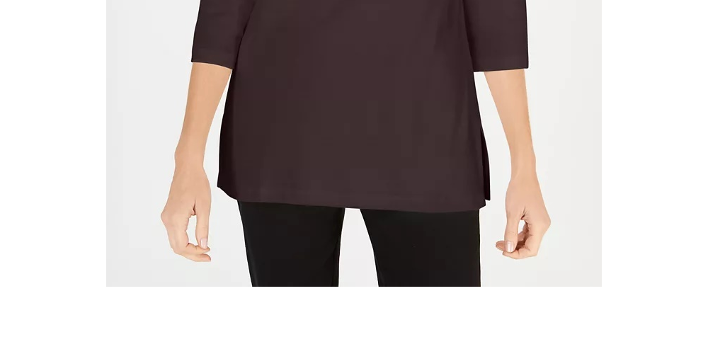 Karen Scott Blusa de malha feminina de algodão com gola canoa e manga 3/4, preta, tamanho médio