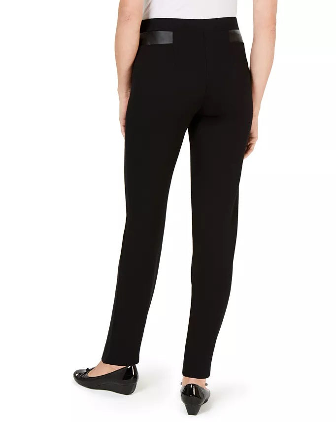 Calça de malha ponte com acabamento em couro sintético JM Collection, preta, tamanho 2, extra grande