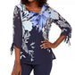 JM Collection Top estampado com manga transparente feminino, azul marinho, tamanho pequeno