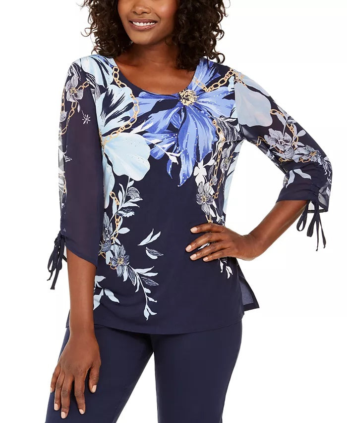 JM Collection Top estampado com manga transparente feminino, azul marinho, tamanho pequeno