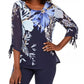 JM Collection Top estampado com manga transparente feminino, azul marinho, tamanho pequeno