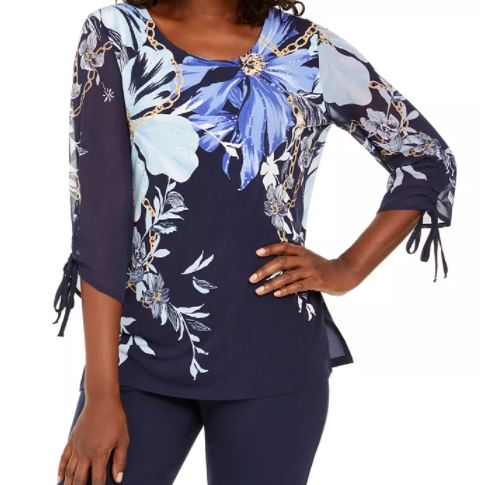 JM Collection Top estampado com manga transparente feminino, azul marinho, tamanho pequeno