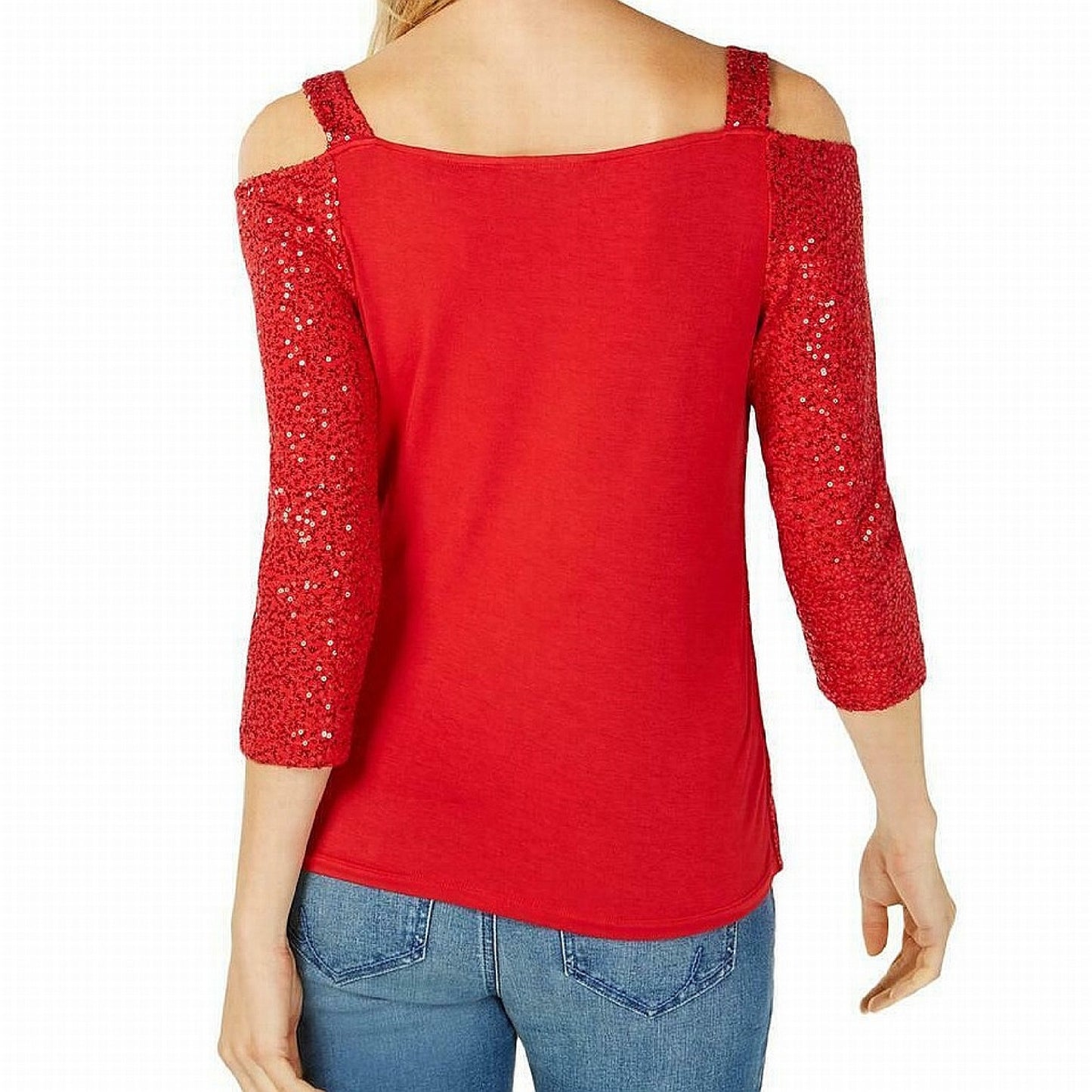 Blusa feminina com lantejoulas e ombros descobertos, tamanho médio, vermelha, da INC International Concepts