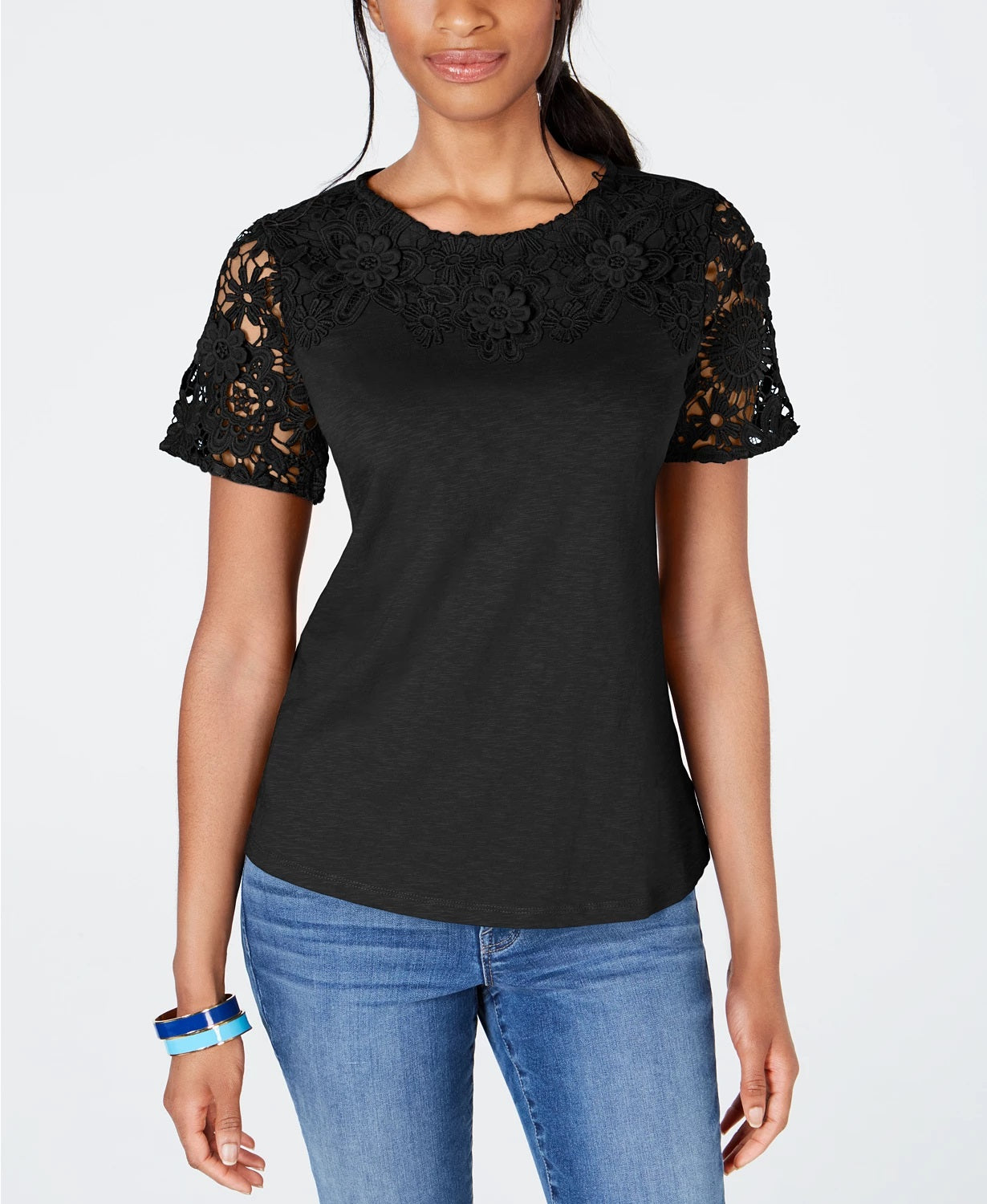 Camiseta feminina Charter Club de algodão com renda e detalhes, preta, tamanho X-S
