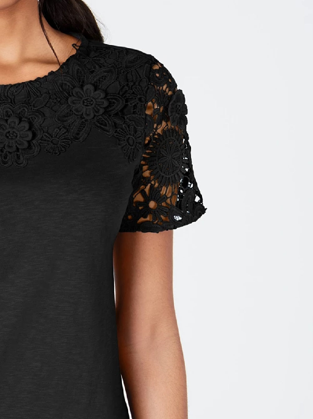 Camiseta feminina Charter Club de algodão com renda e detalhes, preta, tamanho X-S