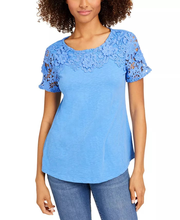 Camiseta feminina Charter Club de algodão com renda e detalhes turquesa, tamanho X-S