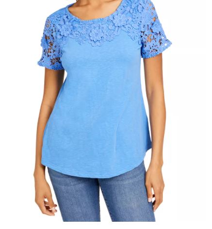 Camiseta feminina Charter Club de algodão com renda e detalhes turquesa, tamanho X-S