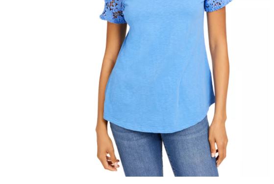 Camiseta feminina Charter Club de algodão com renda e detalhes turquesa, tamanho X-S