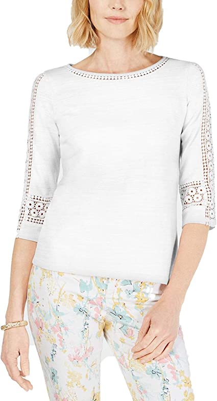 Top de crochê feminino Charter Club com detalhes, branco, tamanho pequeno