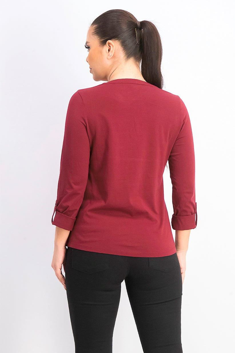 Charter Club Petite Supima Cotton Top com decote aberto para mulheres, vinho, tamanho médio