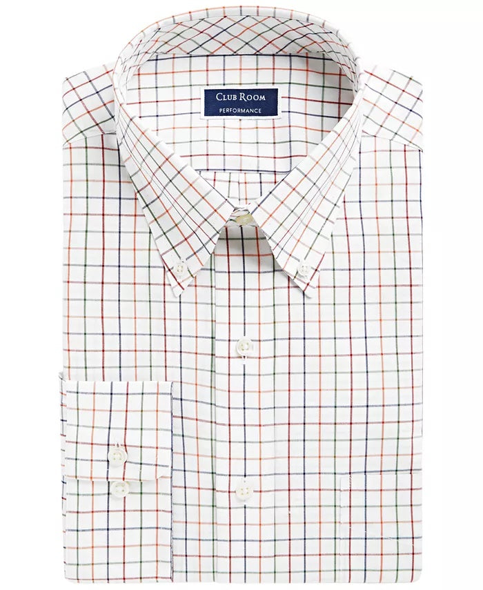Camisa social masculina Club Room Classic/Regular Fit Stretch Tattersall, branca, tamanho 16,5 x 34-35