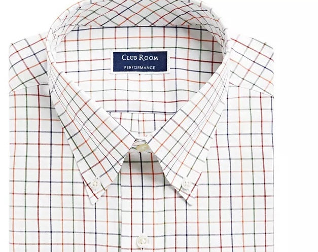 Camisa social masculina Club Room Classic/Regular Fit Stretch Tattersall, branca, tamanho 16,5 x 34-35