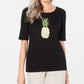 Camiseta feminina Karen Scott de algodão com estampa gráfica de abacaxi, preta, tamanho grande