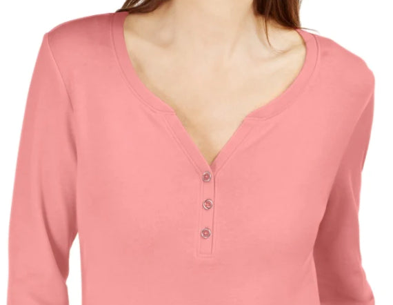 Karen Scott Top Henley de Algodão Feminino Rosa Tamanho Médio