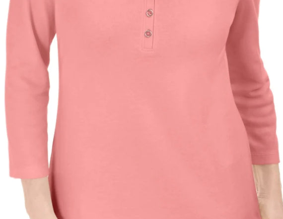 Karen Scott Top Henley de Algodão Feminino Rosa Tamanho Médio