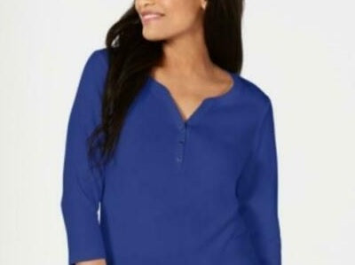 Camisa Henley de algodão pequena Karen Scott feminina, azul, tamanho pequeno