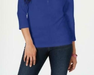 Camisa Henley de algodão pequena Karen Scott feminina, azul, tamanho pequeno