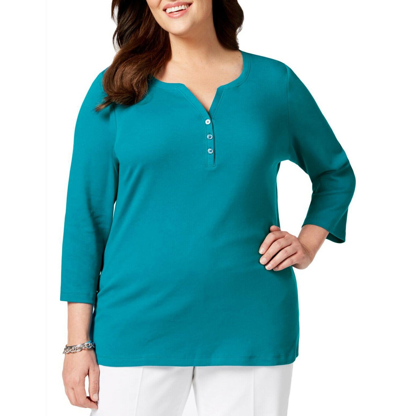 Karen Scott Blusa feminina plus size de algodão com decote dividido, azul-petróleo, tamanho 1X