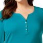 Karen Scott Blusa feminina plus size de algodão com decote dividido, azul-petróleo, tamanho 1X