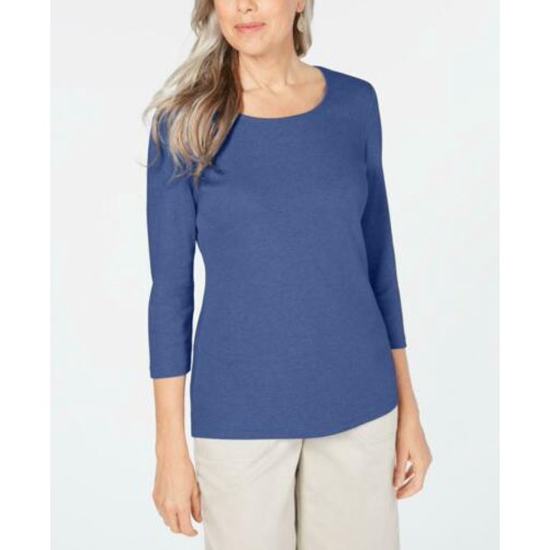 Karen Scott Top feminino de algodão com decote redondo, tamanho pequeno, azul