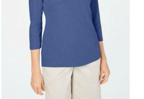 Karen Scott Top feminino de algodão com decote redondo, tamanho pequeno, azul