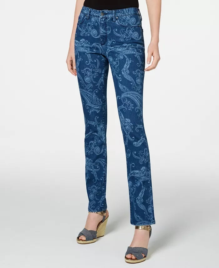 Calça jeans feminina Charter Club com estampa paisley e perna reta, azul, tamanho 8