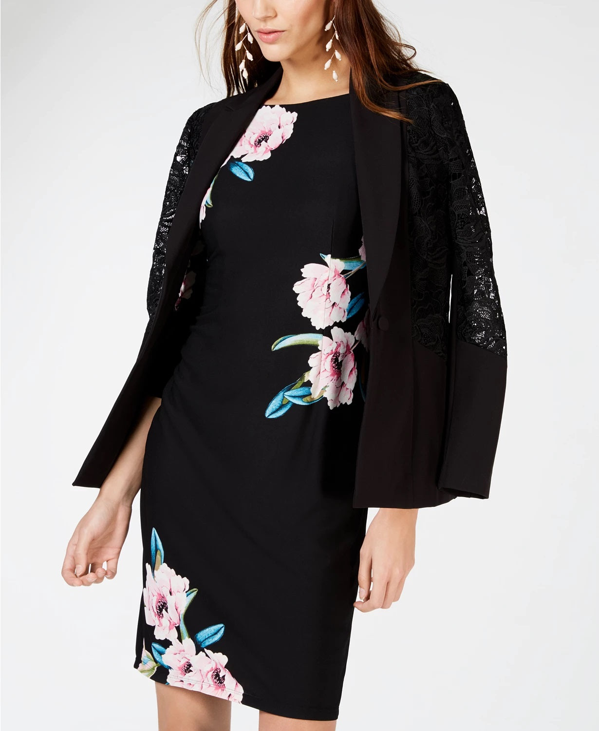 Vestido tubinho floral de manga comprida feminino INC International Concepts, preto, tamanho pequeno e pequeno