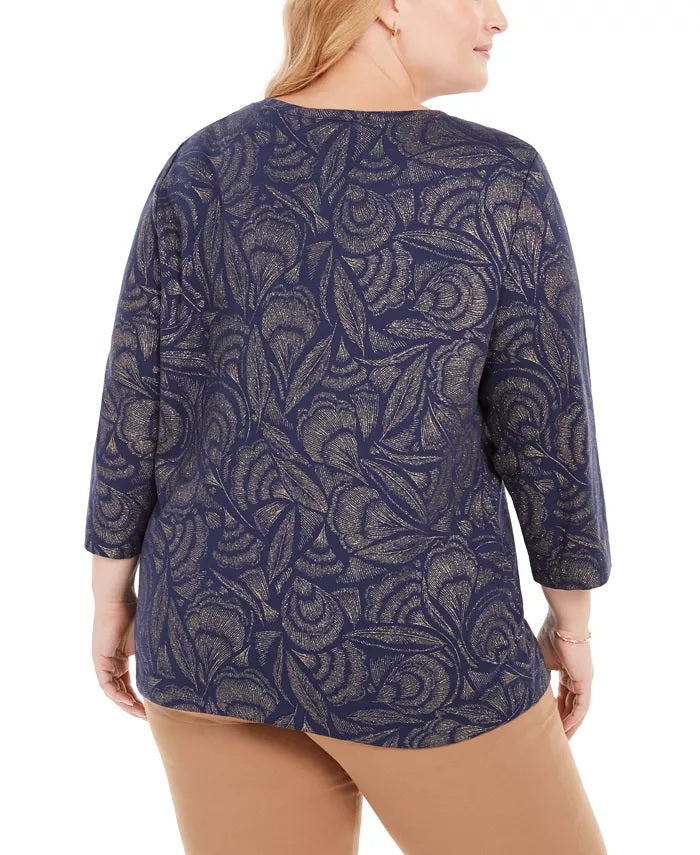 Karen Scott Top Henley estampado plus size feminino azul tamanho 0X