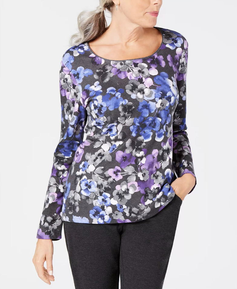 Karen Scott Blusa feminina pequena estampada com manga 3/4 roxa tamanho pequeno extragrande