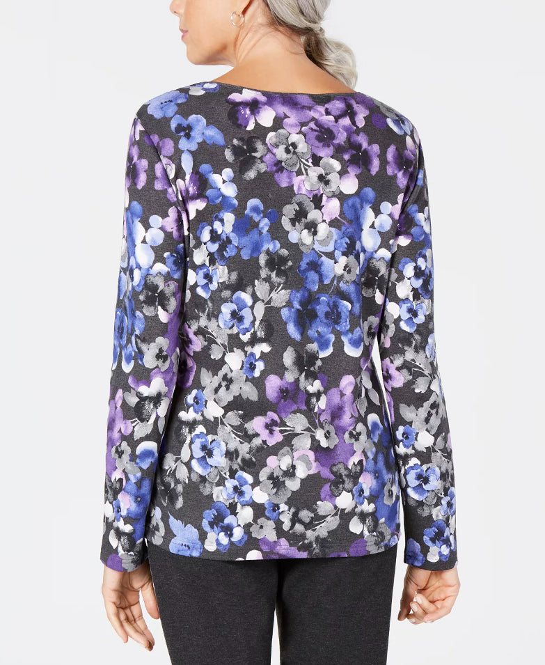 Karen Scott Blusa feminina pequena estampada com manga 3/4 roxa tamanho pequeno extragrande